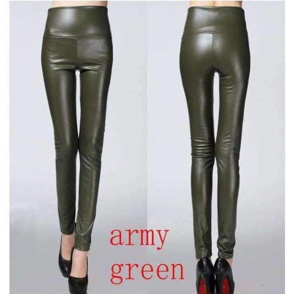 Planet Gates army green / S Autumn winter Women legging skinny PU leather pencil Leggings slim faux Leather Pants female fashion thick fleece trousers