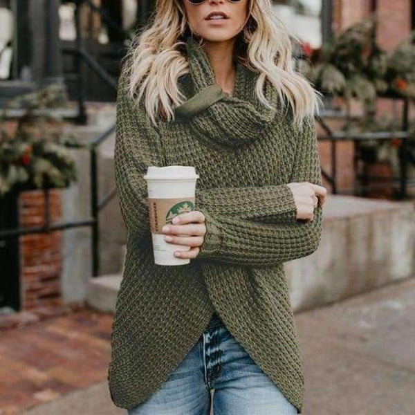 Planet Gates army green / S Autumn Women Knitted Sweater Buttons Loose Tops Winter Warm High Collar Irregular Sweaters