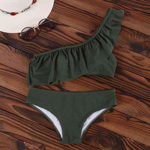 Planet Gates Army Green / S Bikini  One Shoulder Swimsuit Ruffle Swimwear Women Solid Padded Women's Swimming Suit New Sexy Beachwear