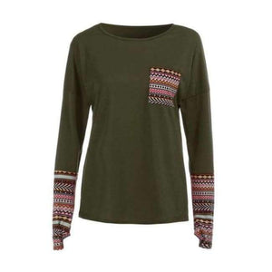 Planet Gates Army Green / S / China Spring Women's Patchwork Casual Loose T-shirts Autumn Ladies Long Sleeve Crewneck Pocket Tee Tops #YL