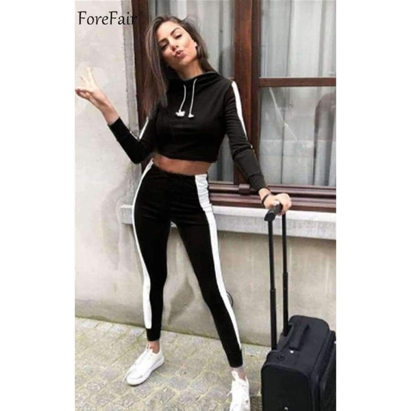 Planet Gates Army Green / S Hooded Bodycon Crop Tops Women Set Summer Autumn 2018 Casual Long Sleeve Tops Long Pant Tracksuit Ladies Two Pieces Set