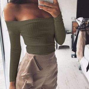 Planet Gates army green / S Off shoulder crop top t shirts hot sale long sleeve solid short t-shirts for women clothing fashion slim t-shirt