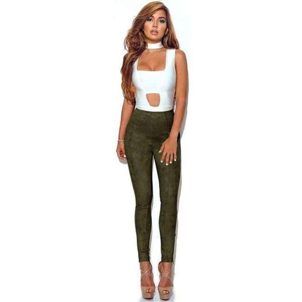 Planet Gates Army Green / S Suede fabric elastic waist legging autumn winter package hip pure color beading pants with zipper ladies trousers ZB-D019