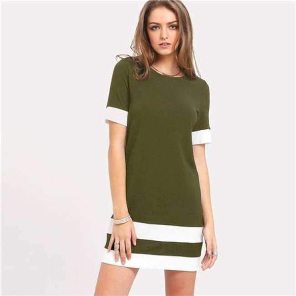 Planet Gates Armygrøn / XS Sheinside Office Ladies Color Block Casual Minikjoler Arbejdstøj Sort Hvid Patchwork Rund Hals Kortærmet Shiftkjole