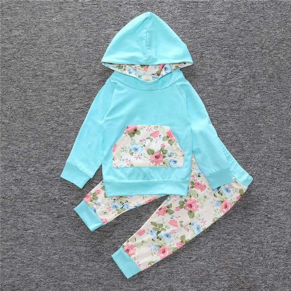 Planet Gates as photo / 18M Baby Autumn new baby boy clothes Children Baby Girls Long Sleeve Hooded Tops Floral pants 2 pcs. clothing set SY188