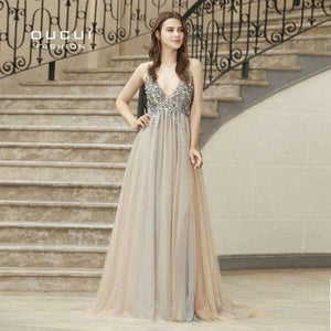 Planet Gates As photo / 2 Gowm Spaghetti Strap Illusion Hand Work Beaded Train Long Prom Evening dress Deep V New OL103012