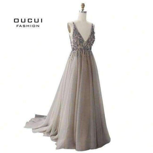 Planet Gates As photo / 2 Gowm Spaghetti Strap Illusion Hand Work Beaded Train Long Prom Evening dress Deep V New OL103012