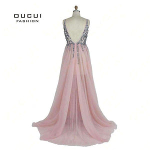 Planet Gates As photo / 2 Gowm Spaghetti Strap Illusion Hand Work Beaded Train Long Prom Evening dress Deep V New OL103012