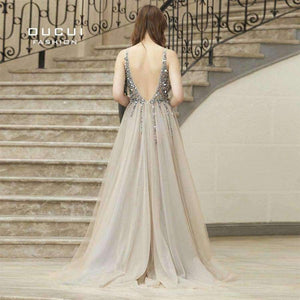 Planet Gates As photo / 2 Gowm Spaghetti Strap Illusion Hand Work Beaded Train Long Prom Evening dress Deep V New OL103012