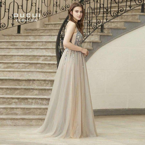 Planet Gates As photo / 2 Gowm Spaghetti Strap Illusion Hand Work Beaded Train Long Prom Evening dress Deep V New OL103012