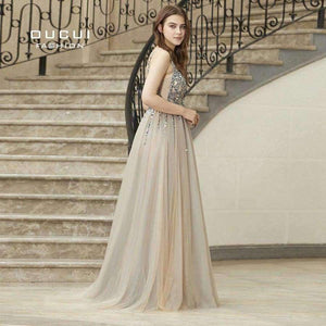 Planet Gates As photo / 2 Gowm Spaghetti Strap Illusion Hand Work Beaded Train Long Prom Evening dress Deep V New OL103012