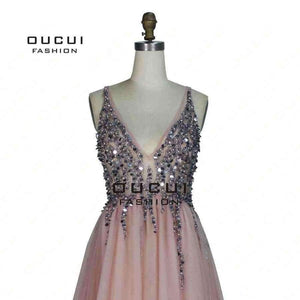 Planet Gates As photo / 2 Gowm Spaghetti Strap Illusion Hand Work Beaded Train Long Prom Evening dress Deep V New OL103012