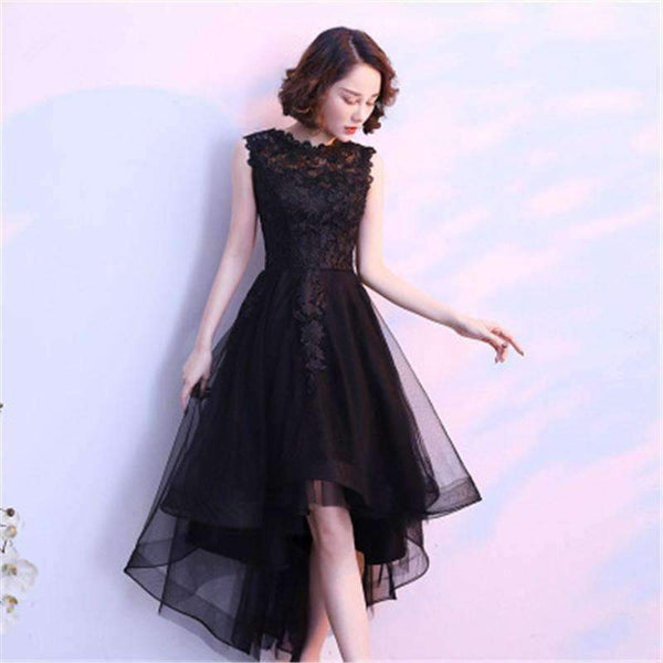 Black Sleeveless Cut-Out Lace Cocktail Dress High-Low Tea Length Formal Dress Party Gown MX014