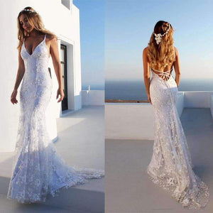 Planet Gates As Picture / 2 Summer Beach Boho Wedding Dress with Spaghetti Straps White V-neck Low Open Back Mermaid Wedding Dresses Sweep Train