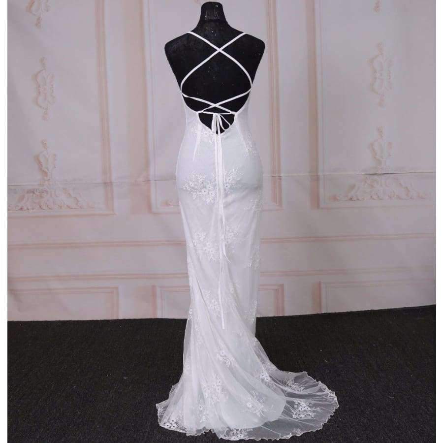 Planet Gates As Picture / 2 Summer Beach Boho Wedding Dress with Spaghetti Straps White V-neck Low Open Back Mermaid Wedding Dresses Sweep Train