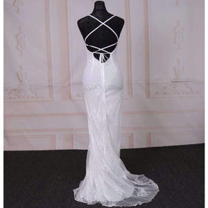 Planet Gates As Picture / 2 Summer Beach Boho Wedding Dress with Spaghetti Straps White V-neck Low Open Back Mermaid Wedding Dresses Sweep Train