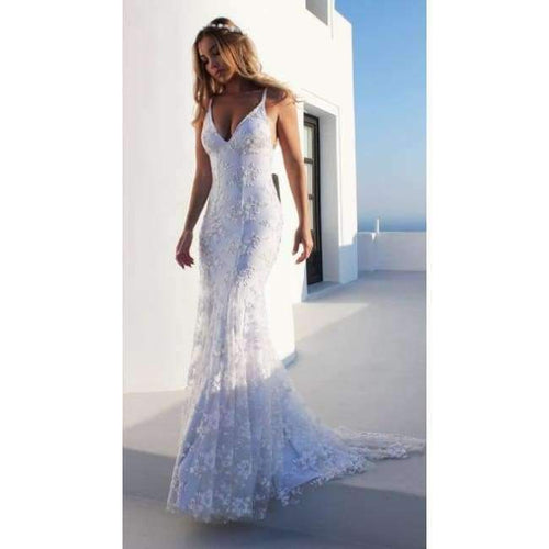 Planet Gates As Picture / 2 Summer Beach Boho Wedding Dress with Spaghetti Straps White V-neck Low Open Back Mermaid Wedding Dresses Sweep Train