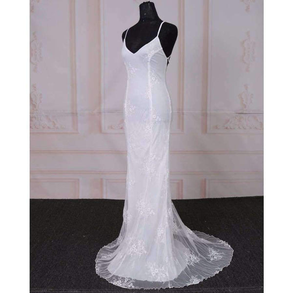 Planet Gates As Picture / 2 Summer Beach Boho Wedding Dress with Spaghetti Straps White V-neck Low Open Back Mermaid Wedding Dresses Sweep Train