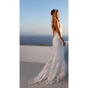 Planet Gates As Picture / 2 Summer Beach Boho Wedding Dress with Spaghetti Straps White V-neck Low Open Back Mermaid Wedding Dresses Sweep Train
