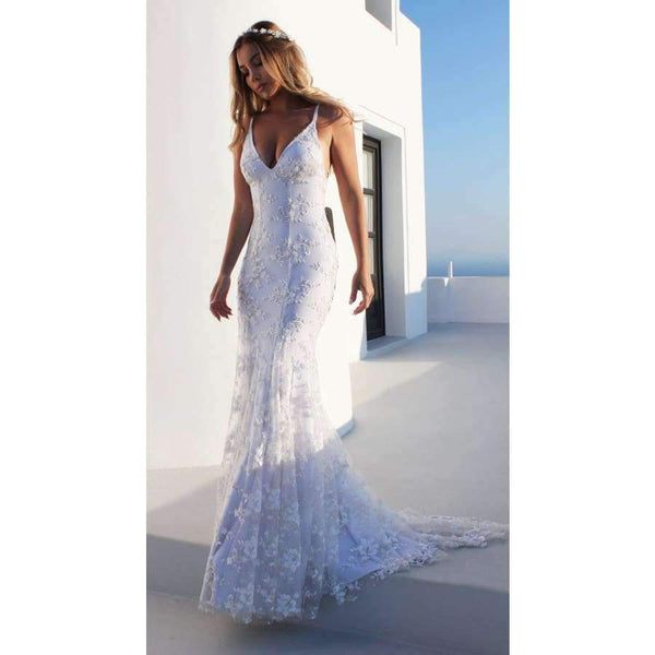 Planet Gates As Picture / 2 Summer Beach Boho Wedding Dress with Spaghetti Straps White V-neck Low Open Back Mermaid Wedding Dresses Sweep Train