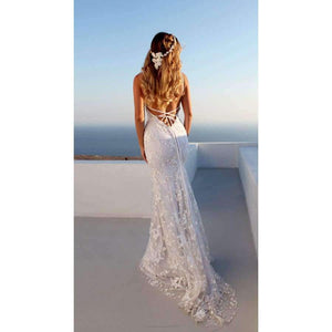 Planet Gates As Picture / 2 Summer Beach Boho Wedding Dress with Spaghetti Straps White V-neck Low Open Back Mermaid Wedding Dresses Sweep Train