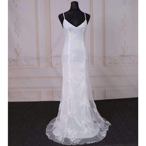 Planet Gates As Picture / 2 Summer Beach Boho Wedding Dress with Spaghetti Straps White V-neck Low Open Back Mermaid Wedding Dresses Sweep Train