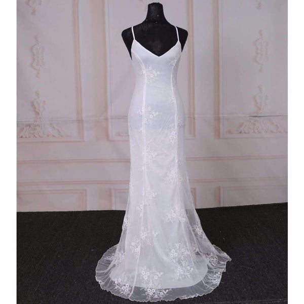 Planet Gates As Picture / 2 Summer Beach Boho Wedding Dress with Spaghetti Straps White V-neck Low Open Back Mermaid Wedding Dresses Sweep Train