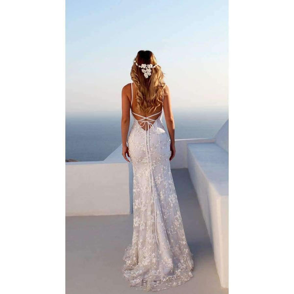 Planet Gates As Picture / 2 Summer Beach Boho Wedding Dress with Spaghetti Straps White V-neck Low Open Back Mermaid Wedding Dresses Sweep Train