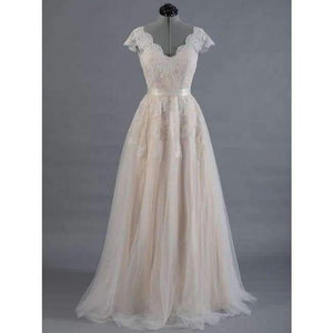 Planet Gates As picture / 6 / Floor Length Vestido de novia Lace A-line Wedding dress Cap sleeve  V-back Bridal gown Lace with Tulle