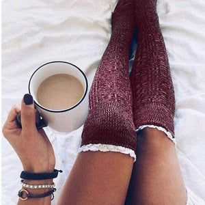Planet Gates as picture / free size Winter Stockings College Crochet Knitted Lace Trim Knee-sockings Over the Knee Cotton Hosiery Long Stockings For Girl Lady