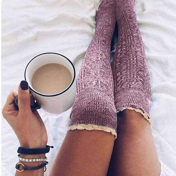 Planet Gates as picture / Free size Winter Womens Stocking Knitted Crochet Lace Trim Cotton Over The Knee Socks Girls Boot Cuff Knee-Socking Thigh Hosiery Sock