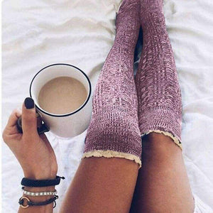 Planet Gates as picture / Free size Winter Womens Stocking Knitted Crochet Lace Trim Cotton Over The Knee Socks Girls Boot Cuff Knee-Socking Thigh Hosiery Sock