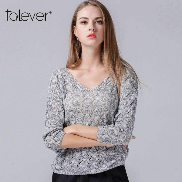 Planet Gates as picture / One Size Women's Warm Autumn Knitted Pullovers Sweater Fashion V-Neck Knitted Loose Tops Elegant Office Lady Solid Top Talever