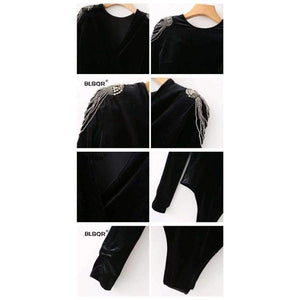 Planet Gates as picture / S Fashion Women Beading Velvet Bodysuit jumpsuit 2018 Casual Vintage Black Long Sleeve Blouse Sexy playsuit Tops