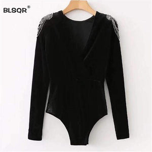 Planet Gates as picture / S Fashion Women Beading Velvet Bodysuit jumpsuit 2018 Casual Vintage Black Long Sleeve Blouse Sexy playsuit Tops
