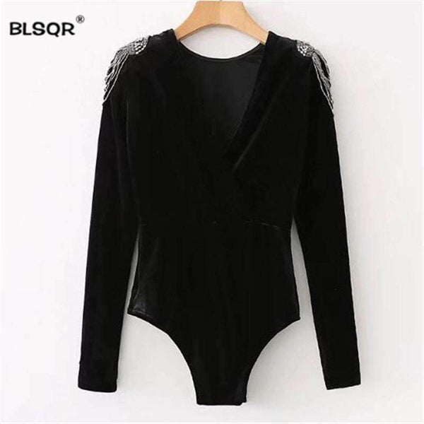 Planet Gates as picture / S Fashion Women Beading Velvet Bodysuit jumpsuit 2018 Casual Vintage Black Long Sleeve Blouse Sexy playsuit Tops