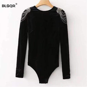Planet Gates as picture / S Fashion Women Beading Velvet Bodysuit jumpsuit 2018 Casual Vintage Black Long Sleeve Blouse Sexy playsuit Tops
