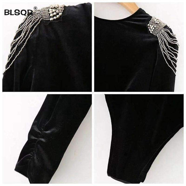 Fashion Women Beading Velvet Bodysuit Jumpsuit 2018 Casual Vintage Black Long Sleeve Blouse Sexy Playsuit Tops