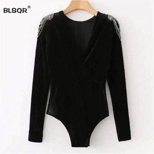 Planet Gates as picture / S Fashion Women Beading Velvet Bodysuit jumpsuit 2018 Casual Vintage Black Long Sleeve Blouse Sexy playsuit Tops