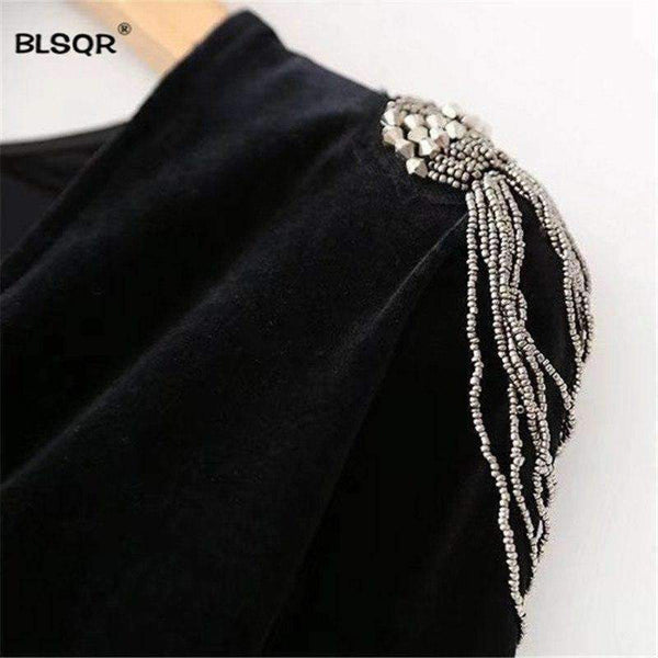 Planet Gates as picture / S Fashion Women Beading Velvet Bodysuit jumpsuit 2018 Casual Vintage Black Long Sleeve Blouse Sexy playsuit Tops