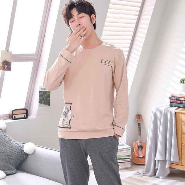 Planet Gates As Picture Shown 2 / L Men's Cotton Pajamas Letter Striped Sleepwear Cartoon Pajama Sets Casual Sleep & Lounge Pyjamas Plus Size 3XL