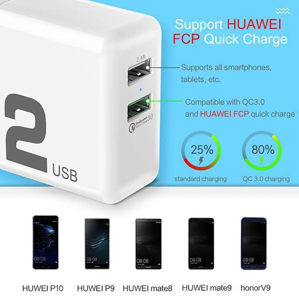 Planet Gates As Picture / White US Plug QC3.0 Fast Dual USB Charger , ROCK 30W Quick Charge 3.0 Mobile Phone Charger For Samsung/Xiaomi/ Huawei FCP Fast Charging QC2.0