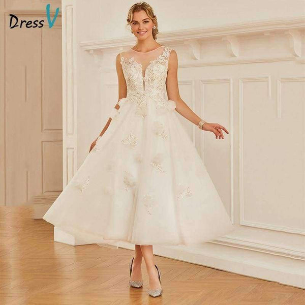 Planet Gates as same as picture / 2 Scoop Neck A-line Wedding Dress Sleeveless Tea Length Appliques Tulle Zipper-up Church Garden Princess Wedding Dresses