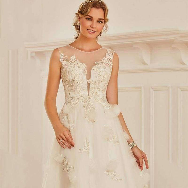 Planet Gates as same as picture / 2 Scoop Neck A-line Wedding Dress Sleeveless Tea Length Appliques Tulle Zipper-up Church Garden Princess Wedding Dresses