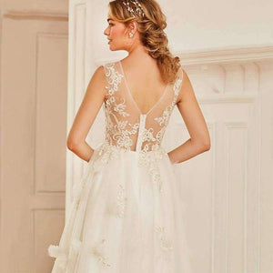 Planet Gates as same as picture / 2 Scoop Neck A-line Wedding Dress Sleeveless Tea Length Appliques Tulle Zipper-up Church Garden Princess Wedding Dresses