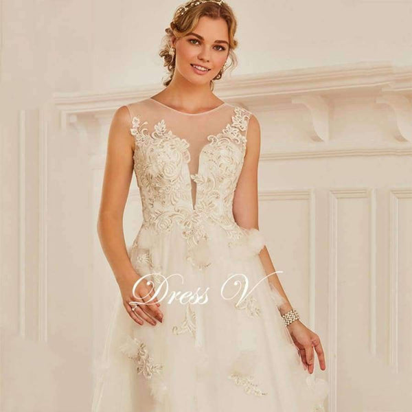 Planet Gates as same as picture / 2 Scoop Neck A-line Wedding Dress Sleeveless Tea Length Appliques Tulle Zipper-up Church Garden Princess Wedding Dresses