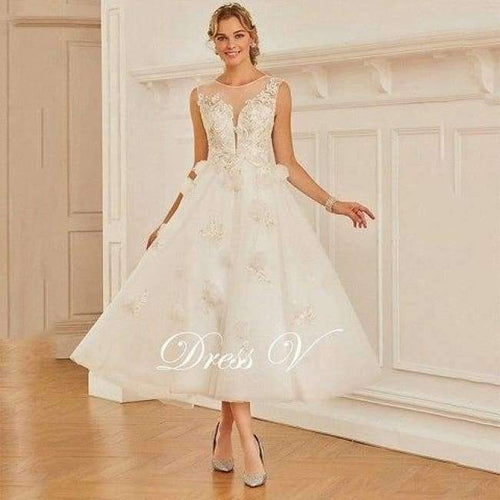 Planet Gates as same as picture / 2 Scoop Neck A-line Wedding Dress Sleeveless Tea Length Appliques Tulle Zipper-up Church Garden Princess Wedding Dresses
