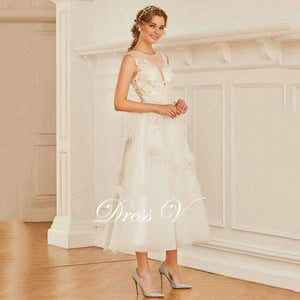 Planet Gates as same as picture / 2 Scoop Neck A-line Wedding Dress Sleeveless Tea Length Appliques Tulle Zipper-up Church Garden Princess Wedding Dresses