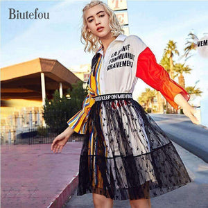 Planet Gates As show / S Autumn fashion women's sets cartoon embroidery patch designs striped long shirts+gauze skirts two pieces