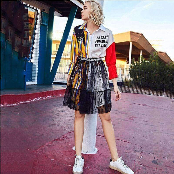 Planet Gates As show / S Autumn fashion women's sets cartoon embroidery patch designs striped long shirts+gauze skirts two pieces